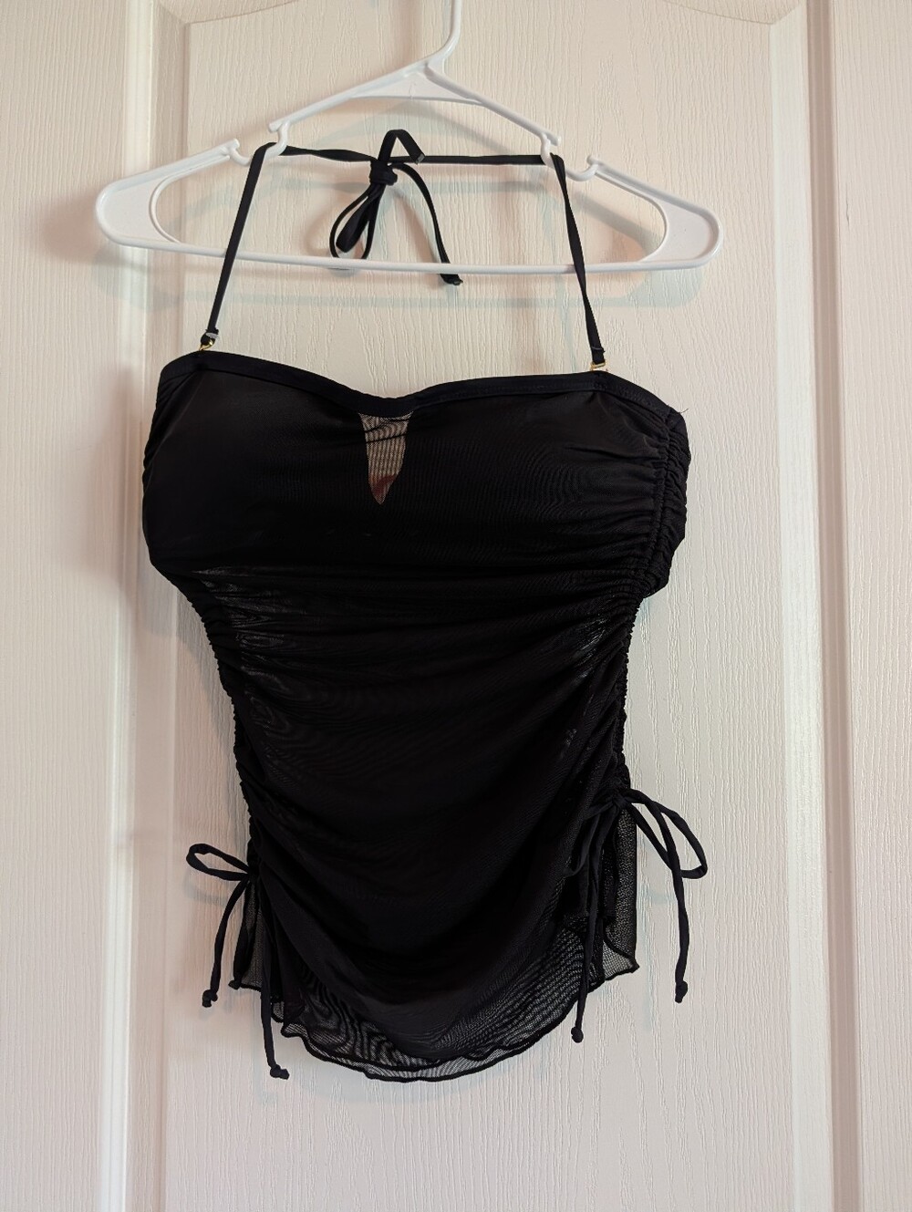 Becca by Rebecca Virtue Black Ruched Mesh Bandeau Tankini Top Medium 733557 NEW